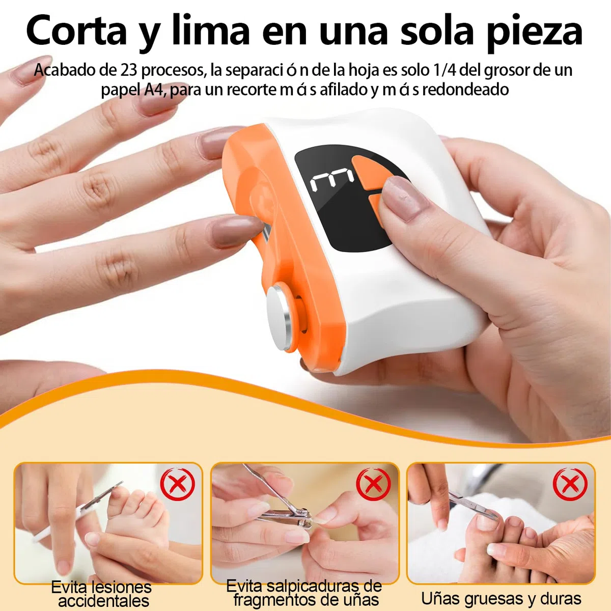 Cortauñas Electrico, 2026 nuevo 3 en 1 Cortaúñas Automático y Pulidor, 3 velocidades Cortauñas Eléctrica Ajustable Automático con Luz LED y Recargable por USB, para bebés, adultos y ancianos - Naranja
