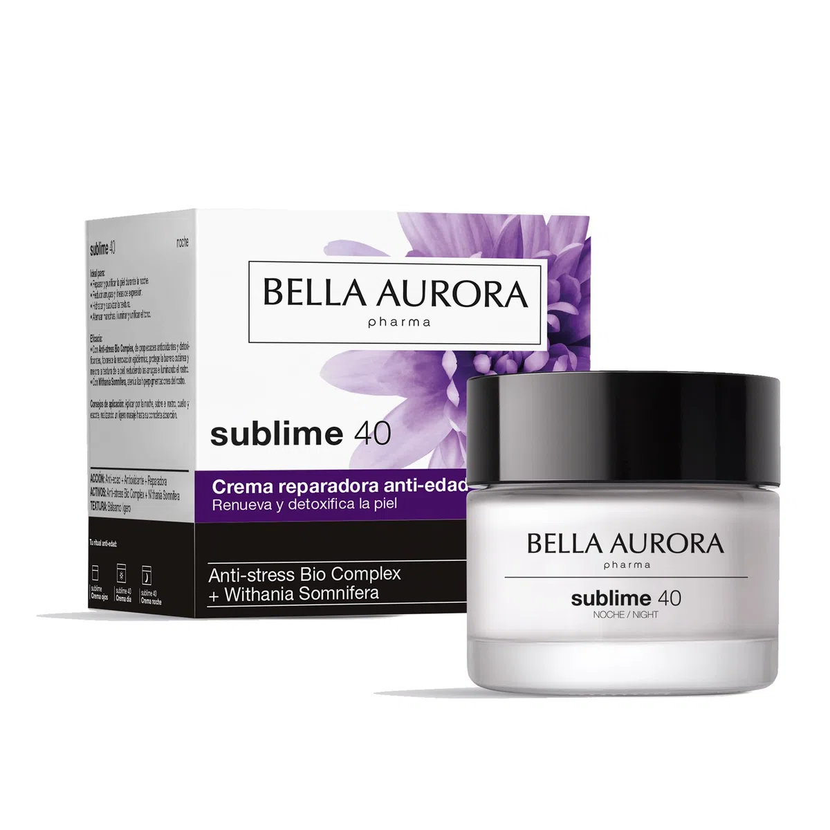 BELLA AURORA - Sublime 40 50 ml, Crema de Noche Antiedad, Tratamiento Iluminador, Pieles Expuestas al Estrés y al Cansancio, Atenúa Arrugas y Líneas de Expresión