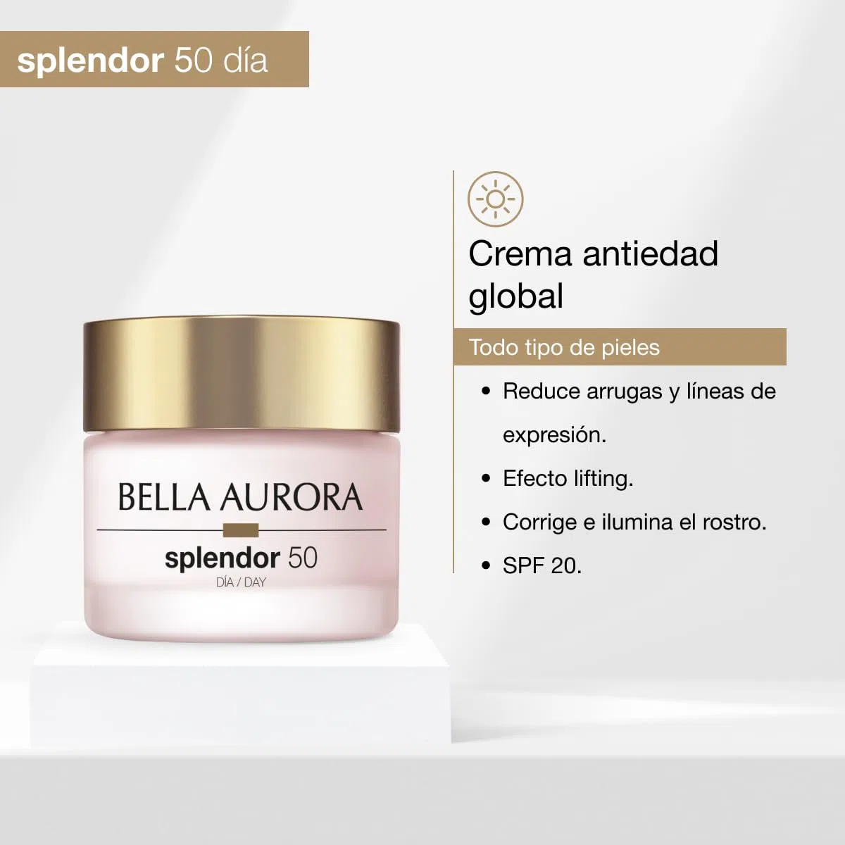 Bella Aurora Crema de Día Antiedad 50+ Años, 50 ml | Crema Facial Anti-Arrugas y Anti-Manchas | Tratamiento Facial Hidratante para Mujer SPF 20 | SPLENDOR 10
