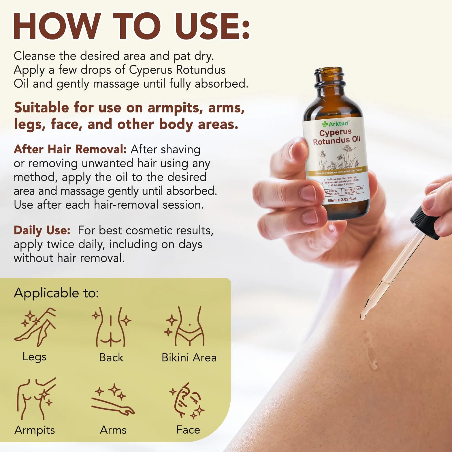 Aceite Cyperus Rotundus Oil, Aceite Depilatorio de Cyperus Rotundus 120ml, Oil Natural para Reducir el Crecimiento del Vello, Eliminación de Vello Corporal, Suaviza la Piel, Inhibidor de Crecimiento