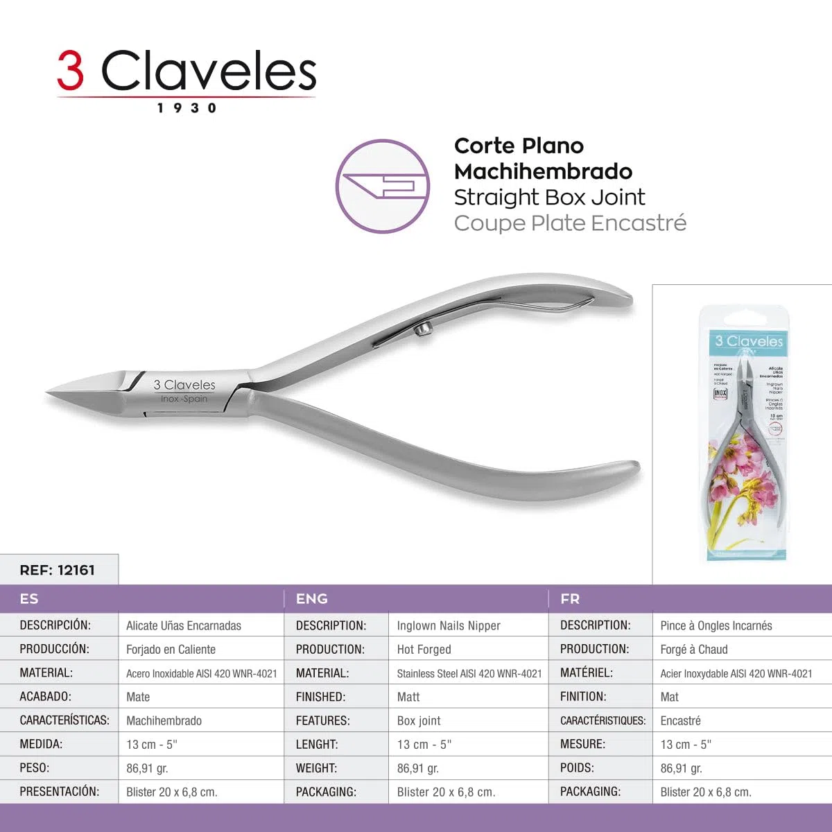3 Claveles 12161 Alicate para Uñas Encarnadas de 13 cm