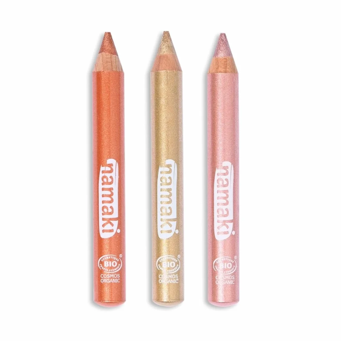 Lápices de maquillaje para niños con lentejuelas Jumbo Bio - Cobre, Oro, Rosa - Certificados Cosmos Organic - Namaki