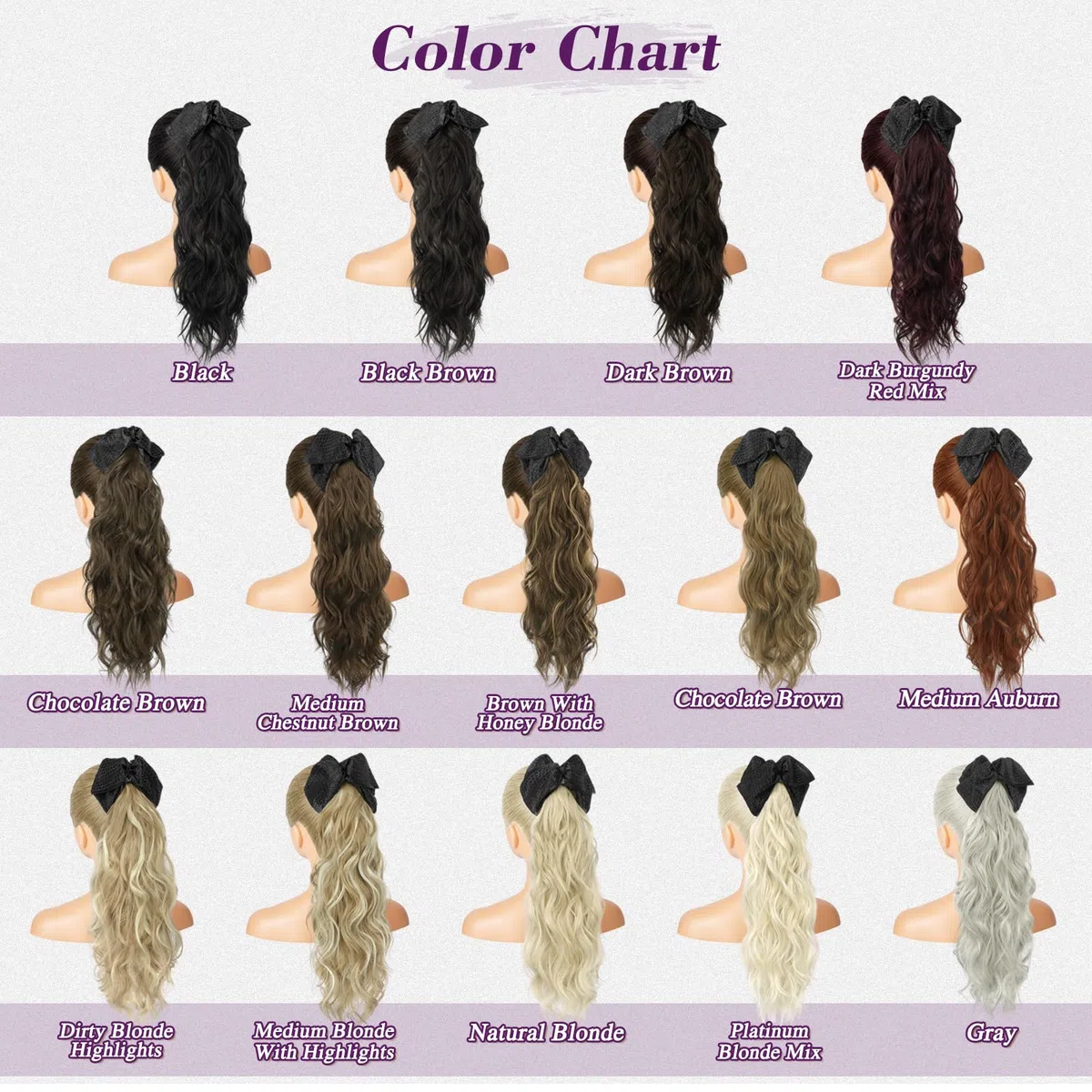 BARSDAR Coleta Postiza Extensiones Pelo, 45cm Bow Pinza Garra Ondulado Negro Marrón Cola de Caballo Extensiones para Mujeres Aspecto Natural Ligeras Sintética Ondulado Negro Marrón Ponytail Postizos