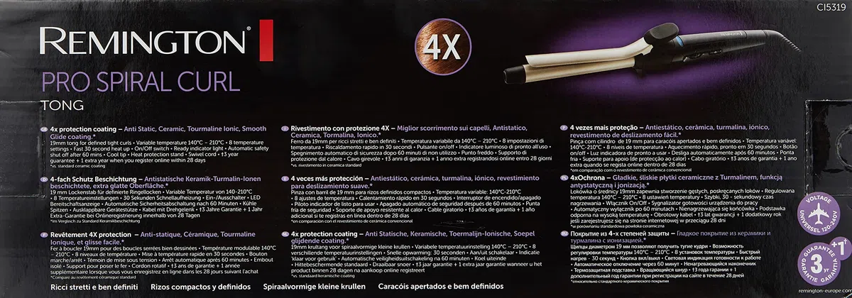 Remington Rizador de Pelo Pro Spiral Curl, Ondulador de Pelo con Pinza de 19 mm, Crea Rizos Definidos, Cerámica Anti-estática, Turmalina, Iónico, 8 Temperaturas hasta 210°C, Punta Fría, CI5319