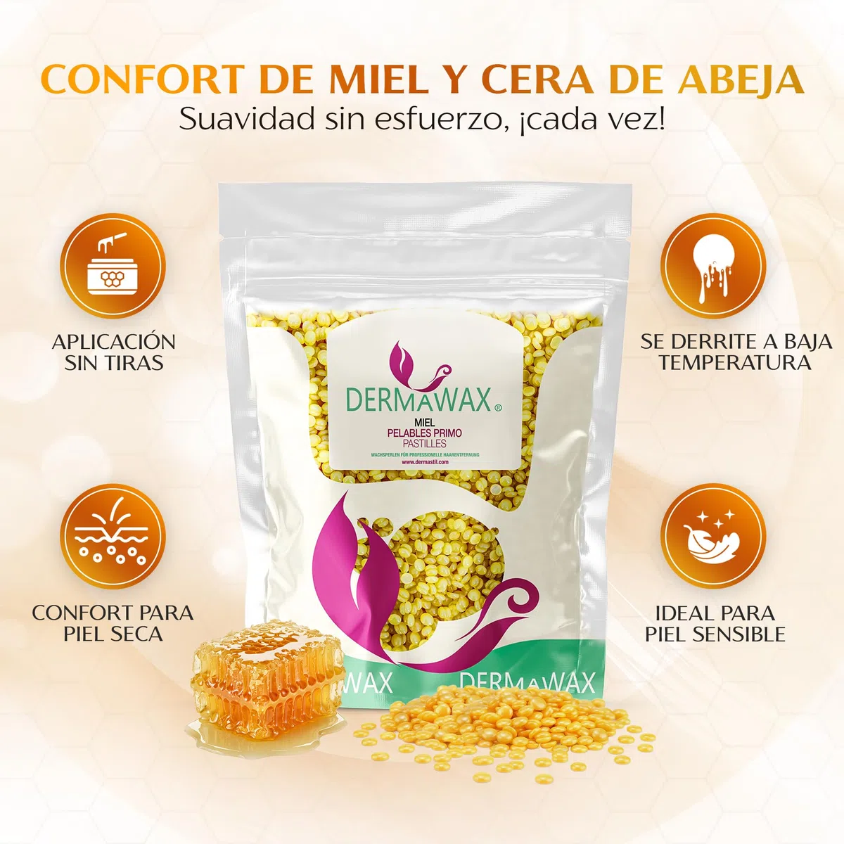 DERMAWAX Cera Depilatoria Profesional con Miel 1 kg – Para Mujeres y Hombres, Sin Bandas, Baja Temperatura, Depilación Facial, Corporal e Íntima – Made in Italy