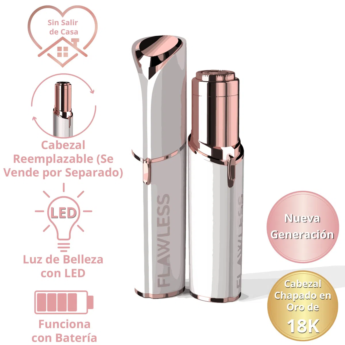 Finishing Touch Flawless Depiladora Facial, Discreto, Indoloro, Apto para Pieles Sensibles, con Cabezal de Oro de 18 Quilates Hipoalergénico, Blanco