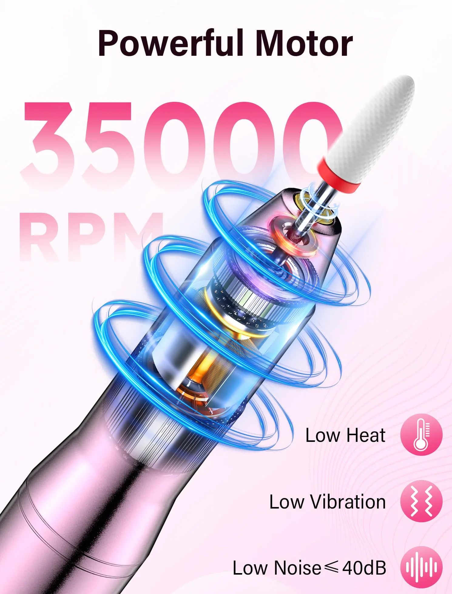 Torno para Uñas,35000RPM Torno para Uñas Profesional,Lima Eléctricas Uñas sin Cable, Velocidad Ajustable, Recargable por USB, para Salón DIY,Manicura y Pedicura
