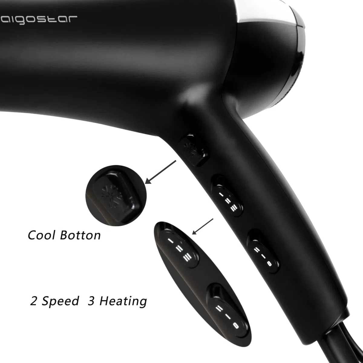 Aigostar Monique 32HIE – 2400W Secador profesional iónico 2 velocidades y 3 ajustes de temperatura, Plástico. Protección contra el sobrecalentamiento