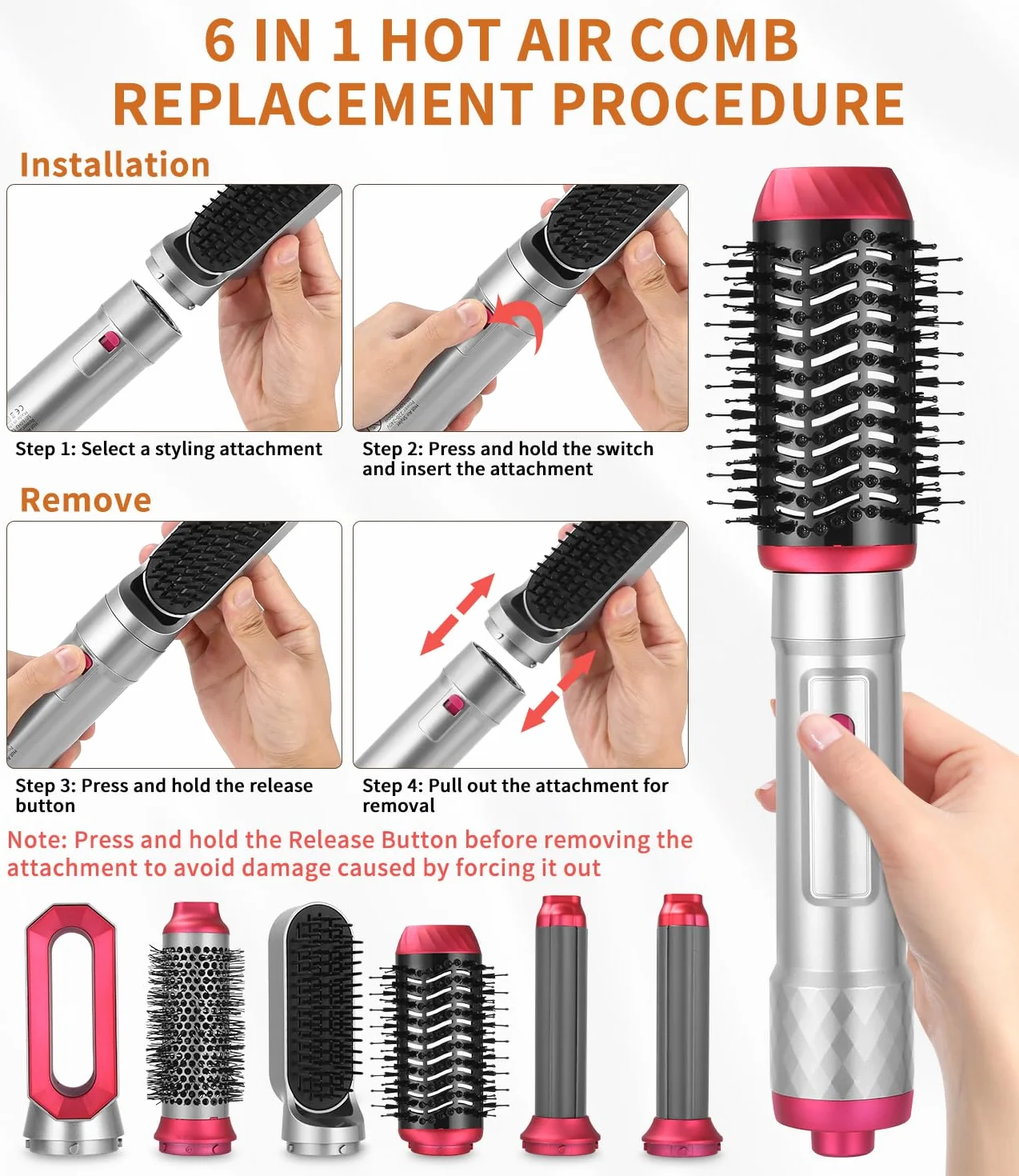 Cepillo Secador de Pelo Air Styler 6 en 1,Secador de Pelo Profesional de 1000W,Tecnología Iónica,Moldeador de Pelo, Automático de Rizado de Aire, Hair Styler para Todos Los Peinados