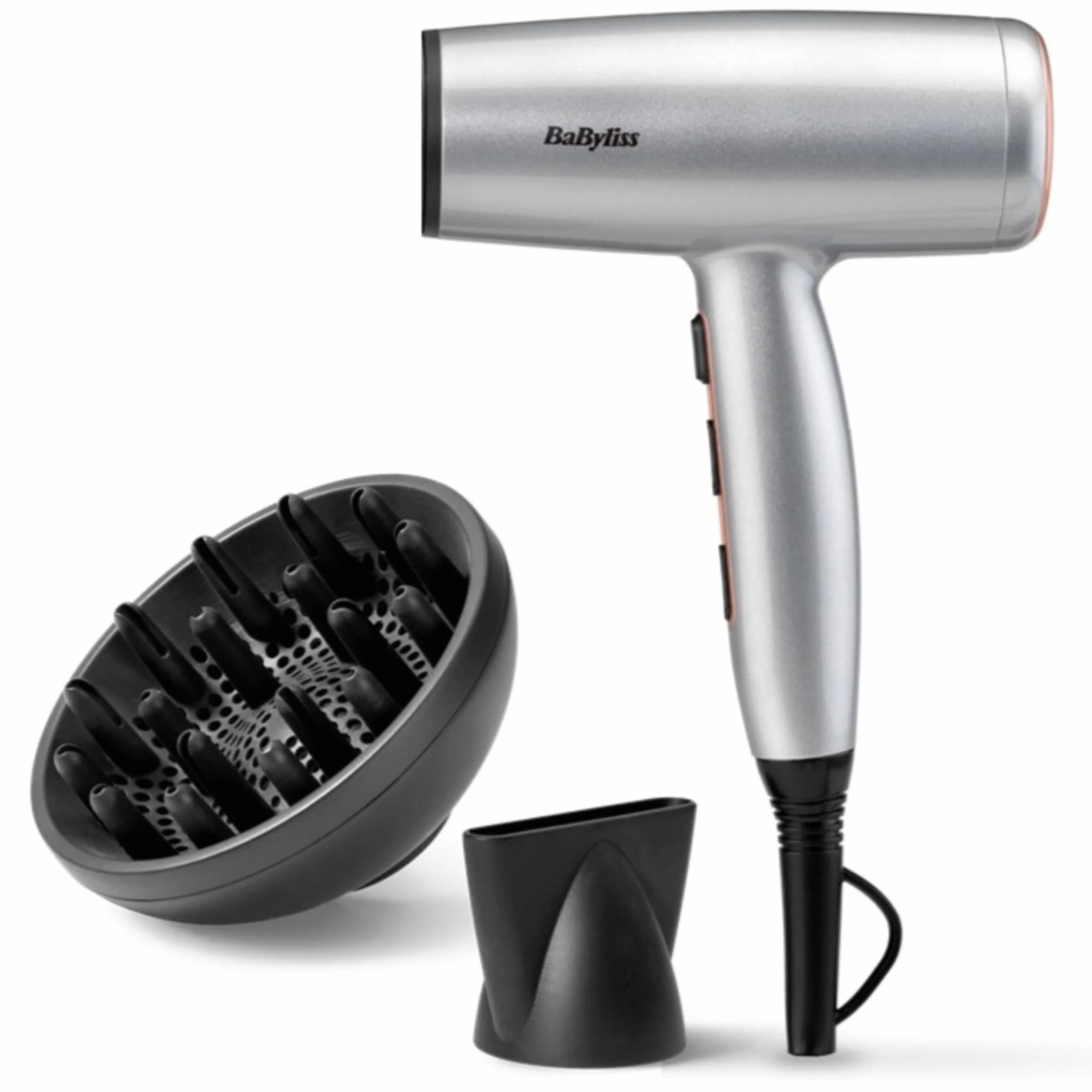 BaByliss Cosmos Secador de Pelo Ligero con Difusor – Secador potente y elegante de 2100W, Acondicionamiento iónico sin frizz, 3 niveles de calor y 2 velocidades, Plateado, D580DE