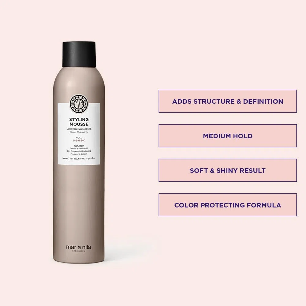 Maria Nila Mousse de Peinado, fijación 4/5, aporta volumen y reduce la electricidad estática del cabello, antioxidante, conserva el color del cabello, 100% vegano y libre de sulfatos/parabenos