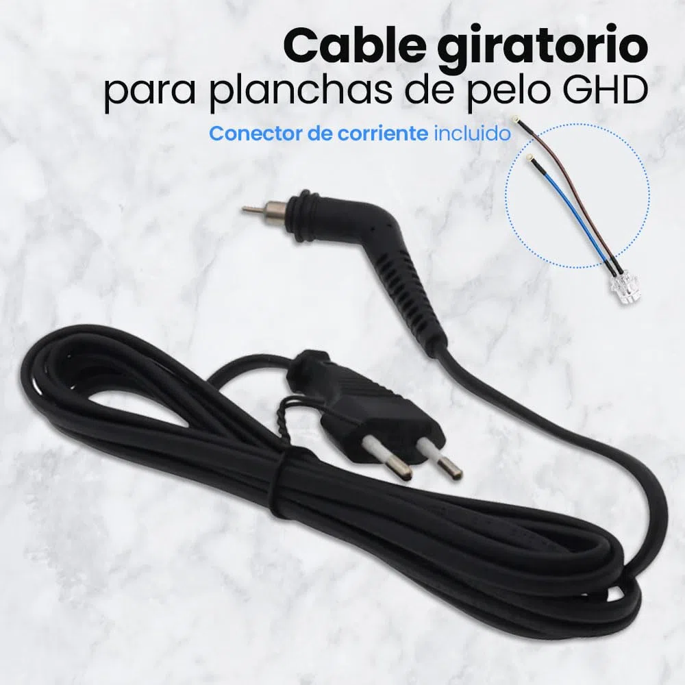 Anakel Home Repuesto Cable de Alimentación Compatible con Plancha de Pelo GHD MK4 | Cable Giratorio 360º con Enchufe Europeo | Cable de Sustitución Negro 1,50 m