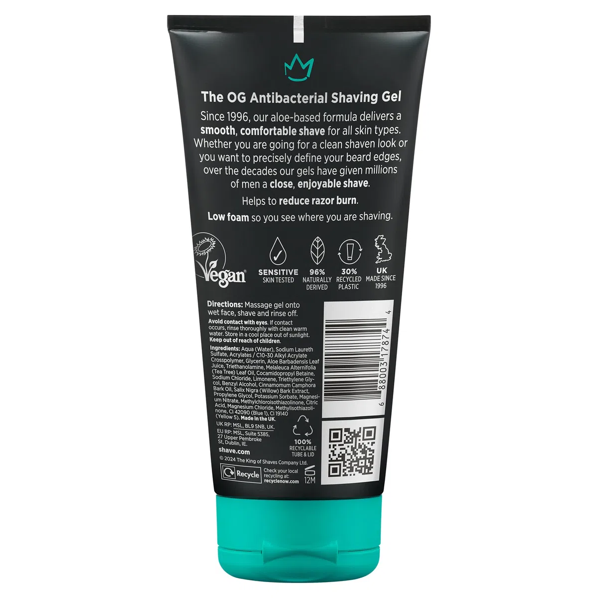King of Shaves Gel de Afeitar Antibacteriano para Hombre Pack Cuádruple 4 x 175ml, Gel Bajo en Espuma para Piel Sensible, Aloe Vera y Árbol de Té, Vegan, 96% Natural