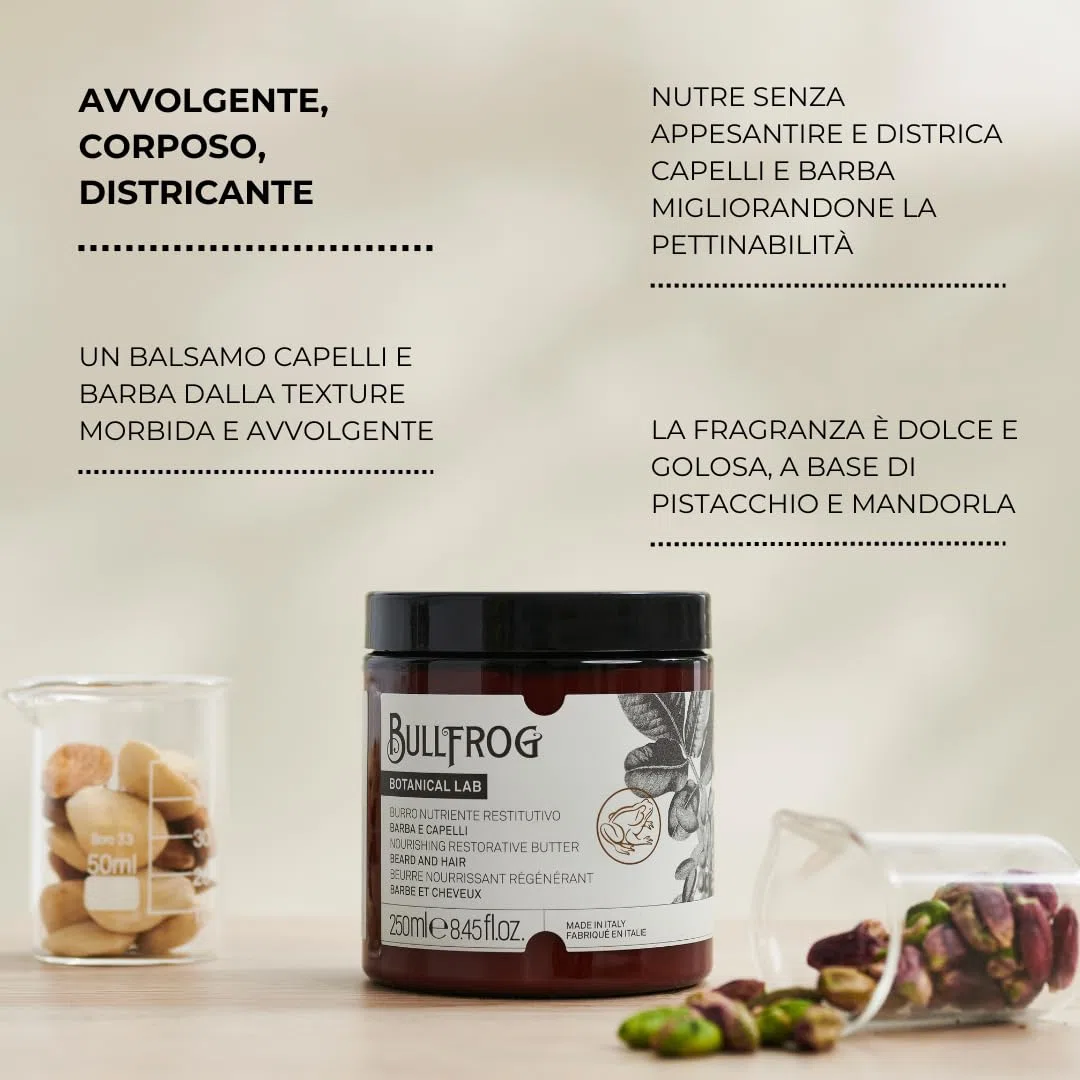 Bullfrog - Burro Nutritivo Restitutivo – Bálsamo para Cabello y Barba, Nutritivo y Suavizante, Fórmula con Pistacho y Almendra, 97,2% Ingredientes Naturales, 250 ml