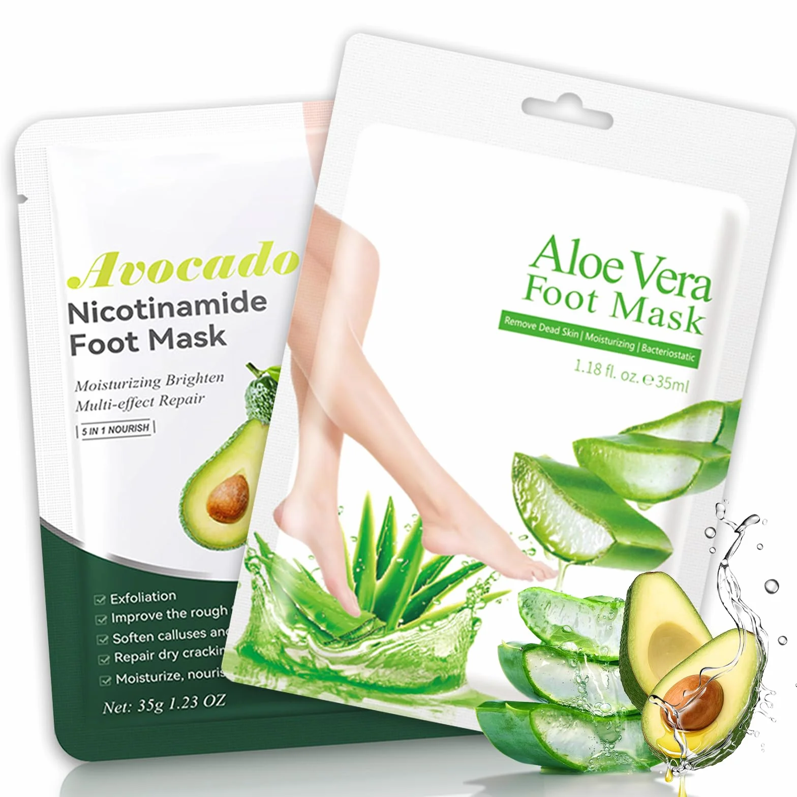 2 Pares Mascarilla Pies Exfoliante, Peeling Pies, Repara los Talones, Exfoliante Pies para Mujeres y Hombres, Quitar Piel Muerta y Callos, Hidrata y Nutre Tus Pies (Aloe Vera + Aguacate）