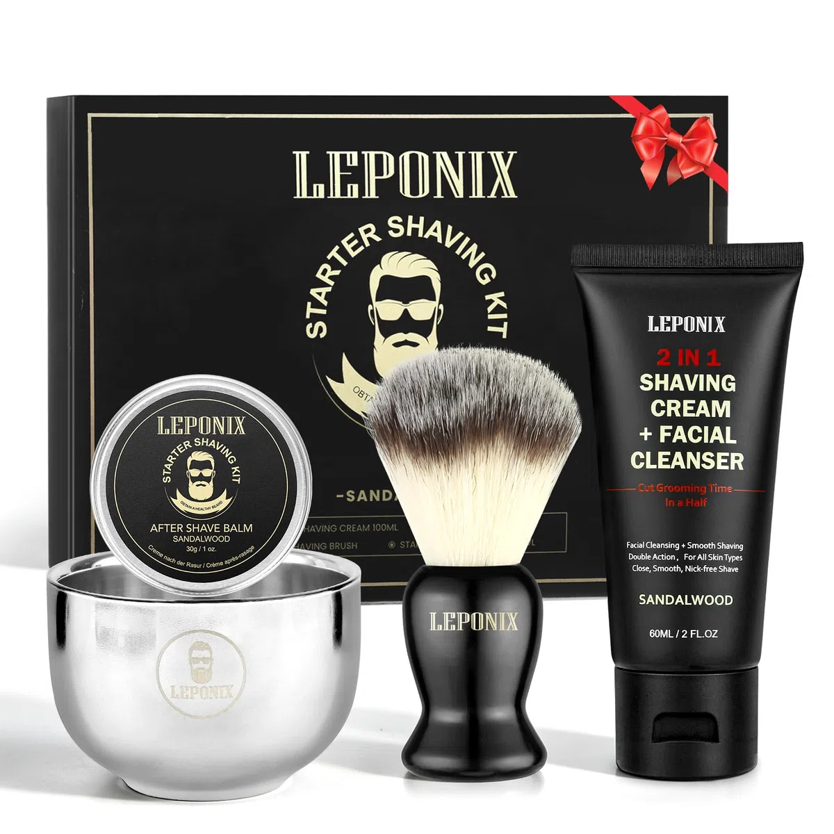 Set de afeitado para hombre, set de afeitado para hombre, incluye sándalo crema de afeitar, jabón de afeitar, cepillo de afeitar, cuenco de afeitar para hombres, caja de regalo para novio