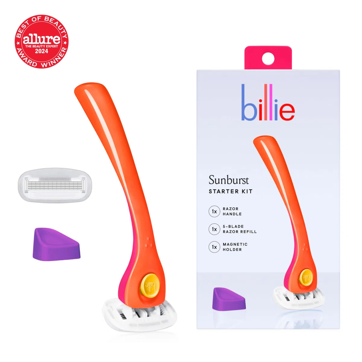 Billie Kit de afeitado para mujer - Maquinilla de afeitar para mujer + 2 recambios de maquinilla de afeitar de 5 cuchillas + soporte magnético - Sunburst