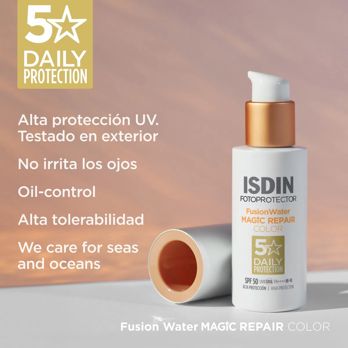 ISDIN Foto Protector Magic Repair Fusion Water Color SPF 50 - Protector solar facial con color de fase acuosa, triple acción anti-fotoenvejecimiento, 50 ml