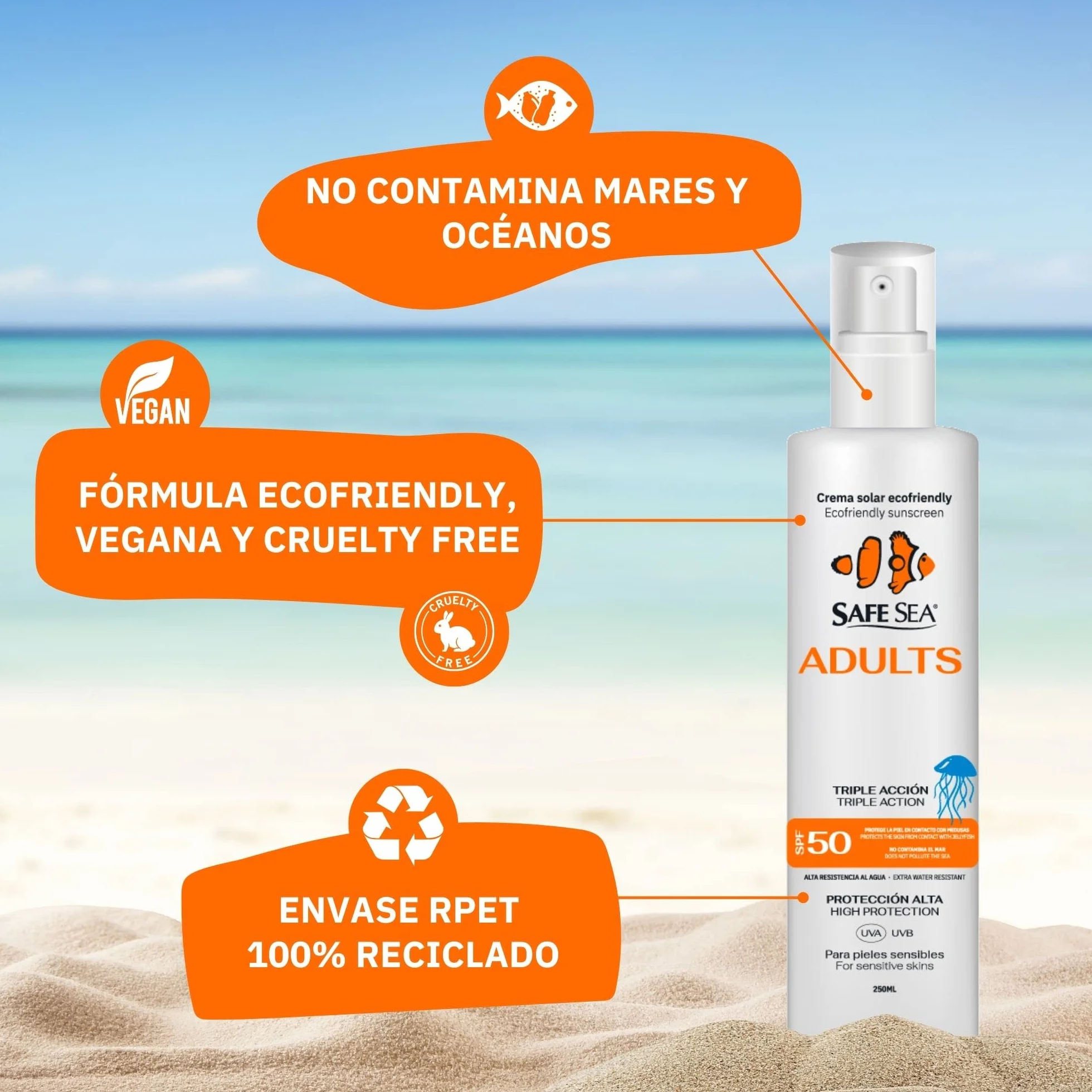 SAFE SEA - Solar Medusas Crema Solar 50 SPF Adultos 250ml | Protector Solar 50 Eco-Friendly | Spray Solar 50 | Proteccion Solar 50 SPF | Antimedusas