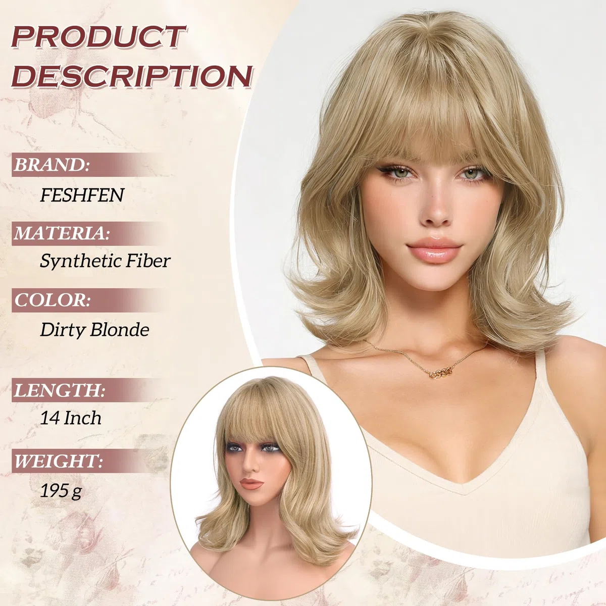 FESHFEN Pelucas Ondulada Bob con Flequillo - Rubio Sucio Pelucas a Capas para Mujeres Naturales Sintético Peluca para Diaria Fiesta Carnaval, 35 cm