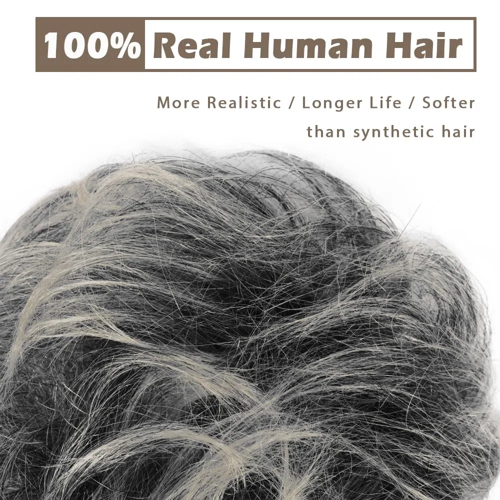 BARSDAR Humanos Moños Postizos, Natural Humano Moño Postizo de Pelo Extensiones para Mujer Gris Postizos Pelo Bun Extensiones de Cabello Desordenado Updo Postiza - Gris Mixto