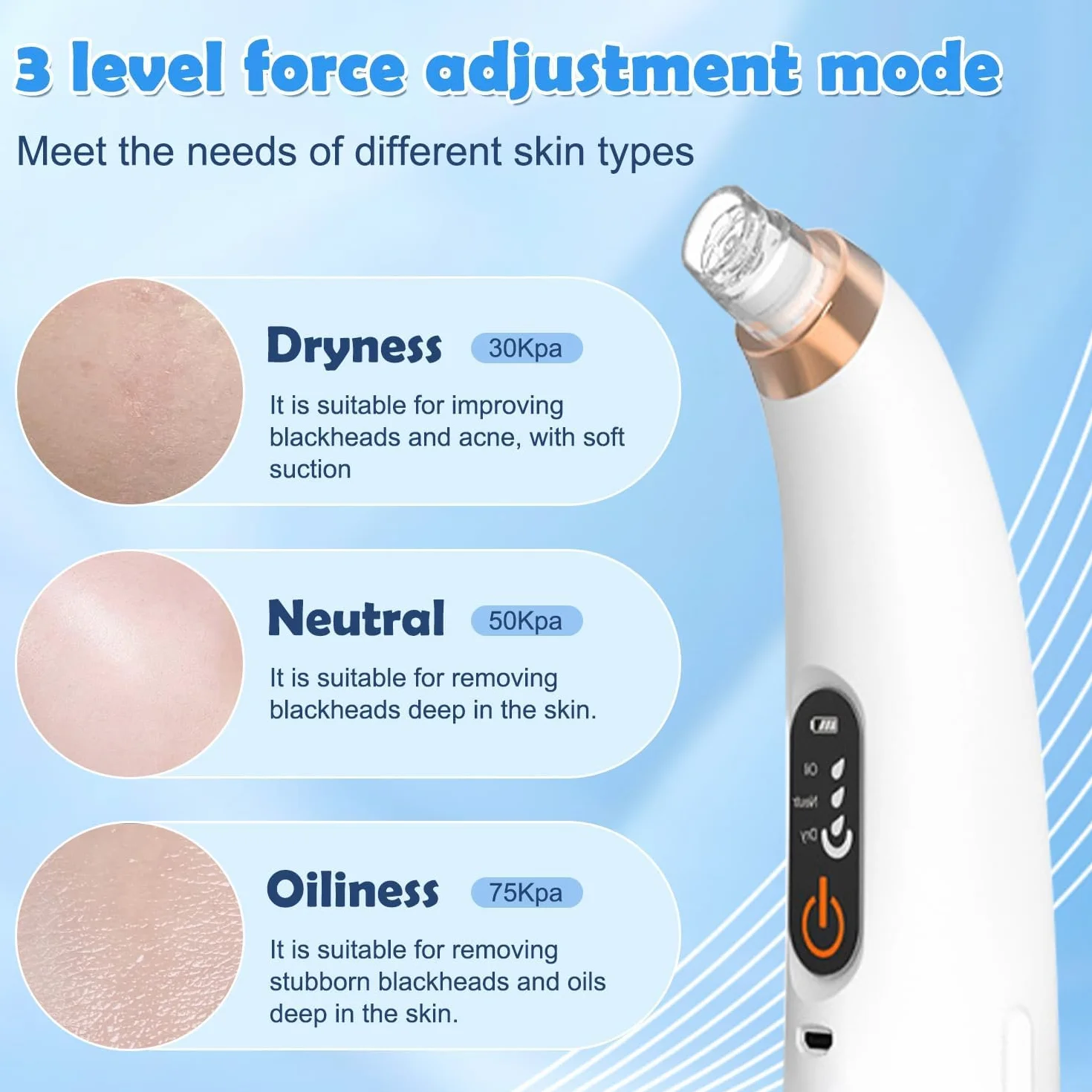 Succionador de Puntos Negros, Limpiador de Poros Facial Eléctrico Con 6 Cabezales y 3 Modos, Extractor de Puntos Negros Facial para Eliminars Puntos Negros, Comedones y El Acné Graso