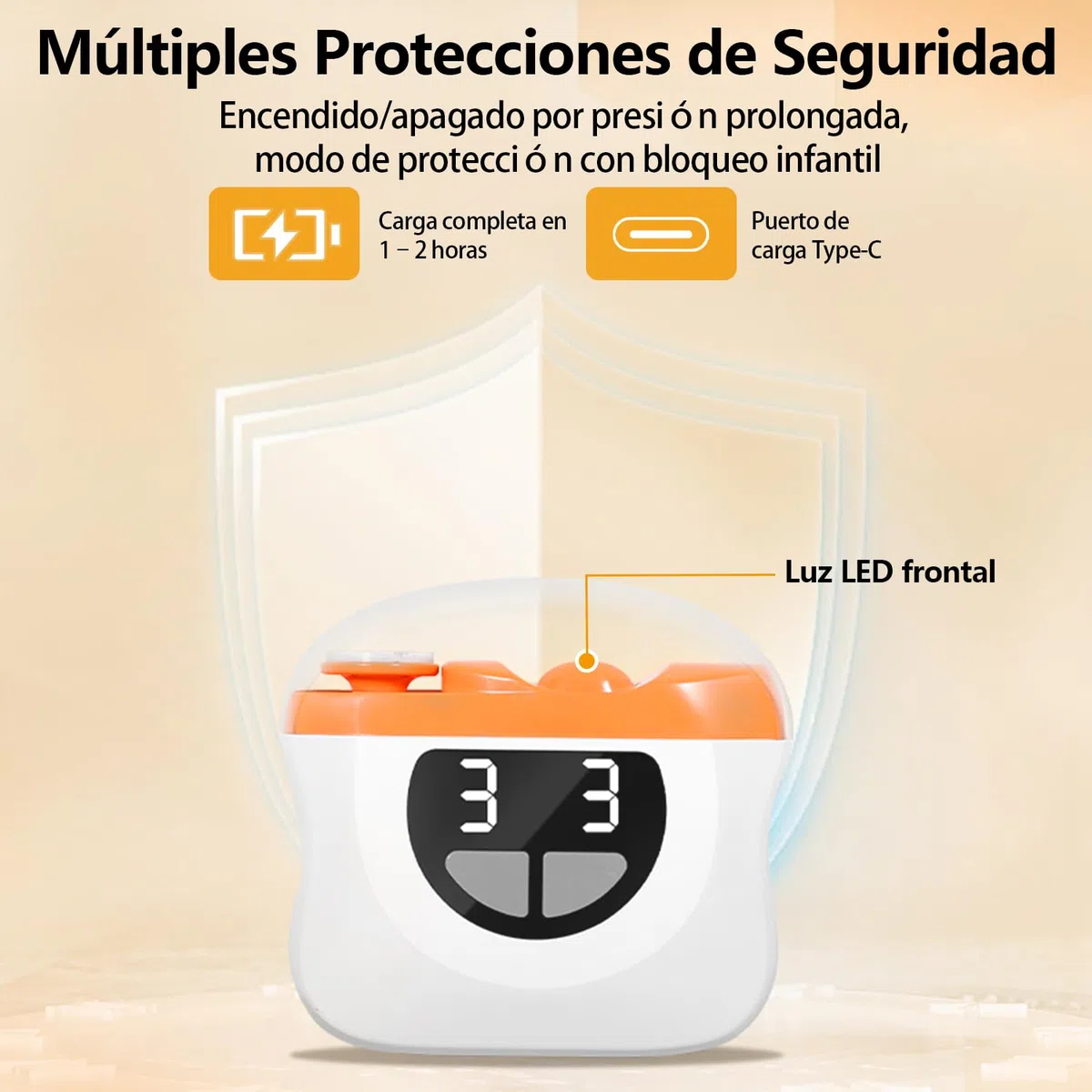 Cortauñas Electrico, 2026 nuevo 3 en 1 Cortaúñas Automático y Pulidor, 3 velocidades Cortauñas Eléctrica Ajustable Automático con Luz LED y Recargable por USB, para bebés, adultos y ancianos - Naranja