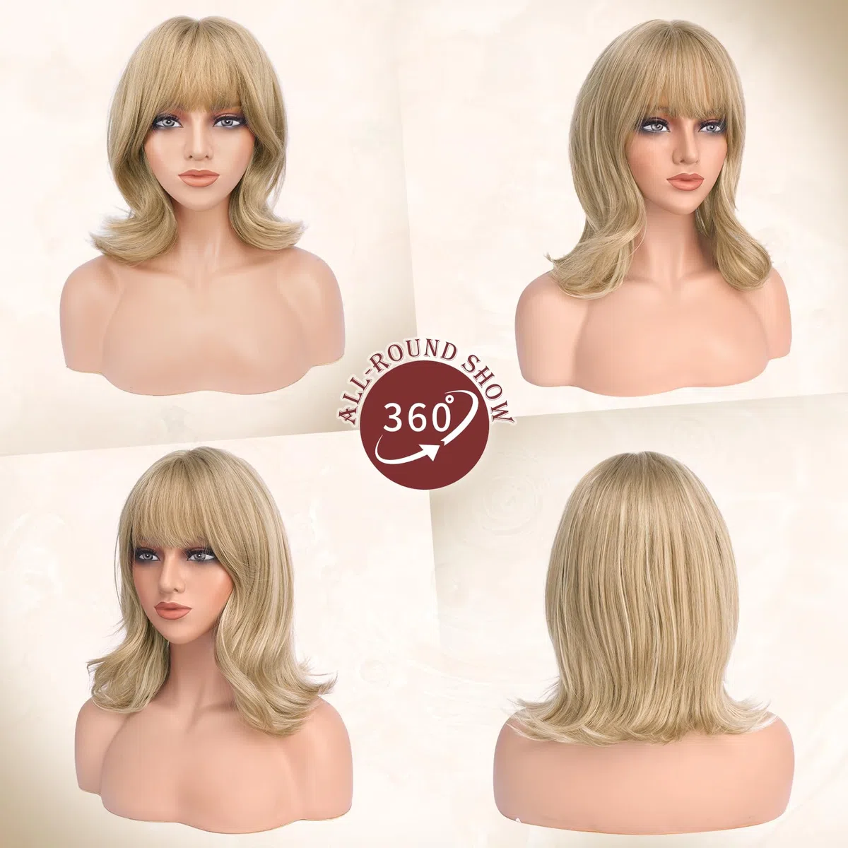 FESHFEN Pelucas Ondulada Bob con Flequillo - Rubio Sucio Pelucas a Capas para Mujeres Naturales Sintético Peluca para Diaria Fiesta Carnaval, 35 cm