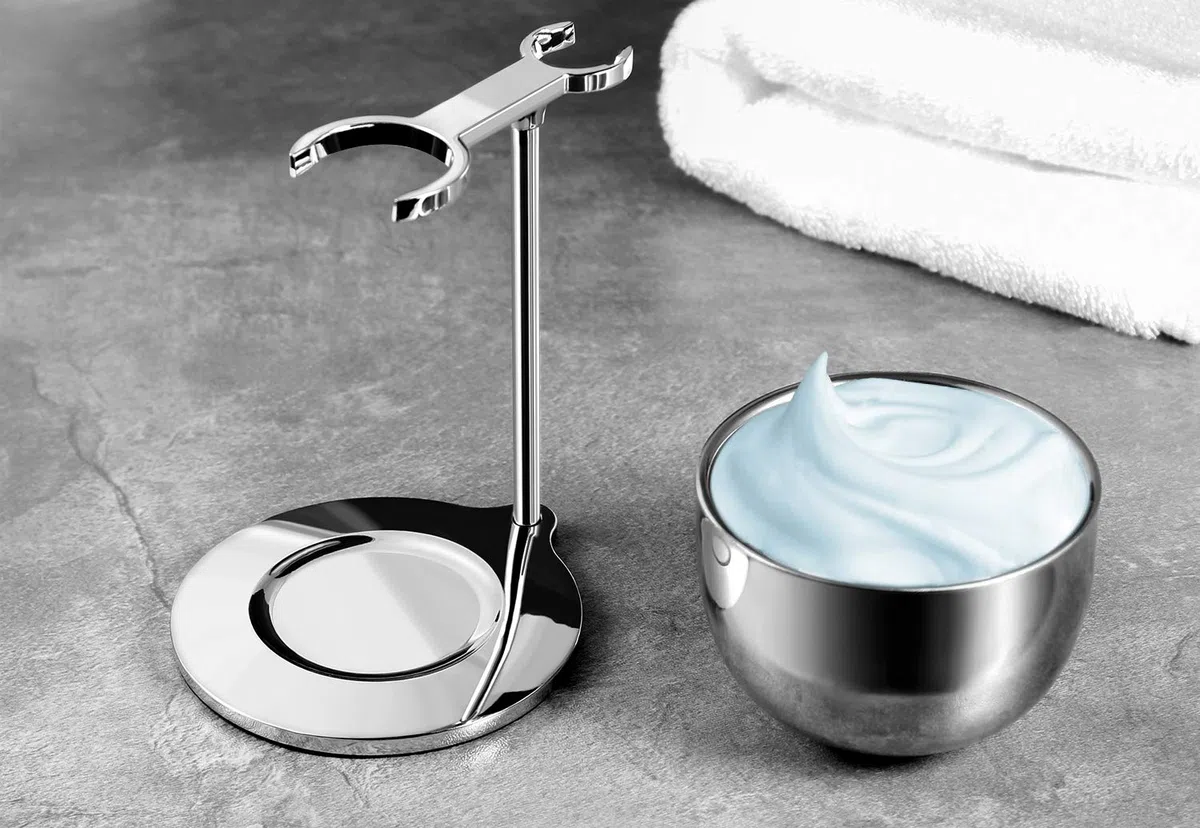 GRUTTI Kit Afeitado 2en1 Premium: Tazón Doble Pared Acero Inox con Retención de Calor y Soporte Ahorrador - Regalo para el Día del Padre