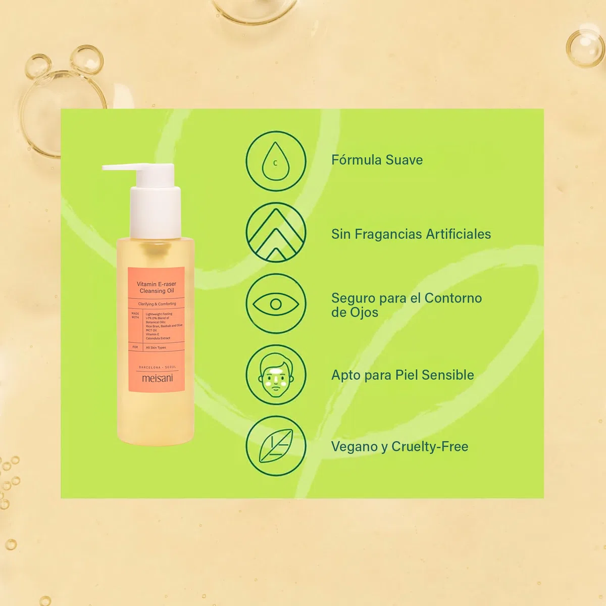 Meisani Vitamin E-raser Cleansing Oil - Aceite Limpiador Botánico Suave con Salvado de Arroz, Baobab, Aceite de Oliva y Vitamina E | Cosmética Vegana Coreana | 150ml