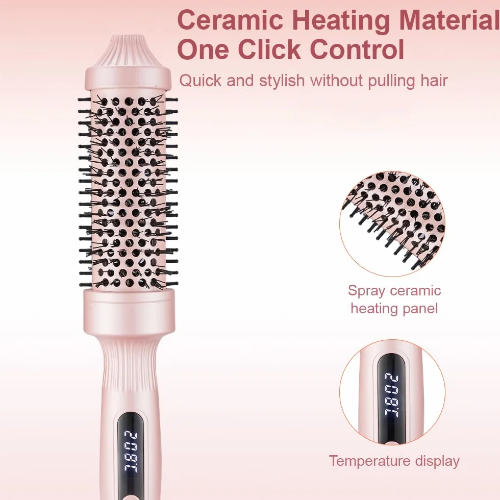 Thermal Brush Cepillo Térmico Redondo, Cepillo Rizador Calentado de 38mm, Peine Alisador de Cabello, PTC Redondo Cepillo de Pelo Caliente para Rizado y Cabello Liso, 100-230 ℃, Cable 2M, Doble Voltaje