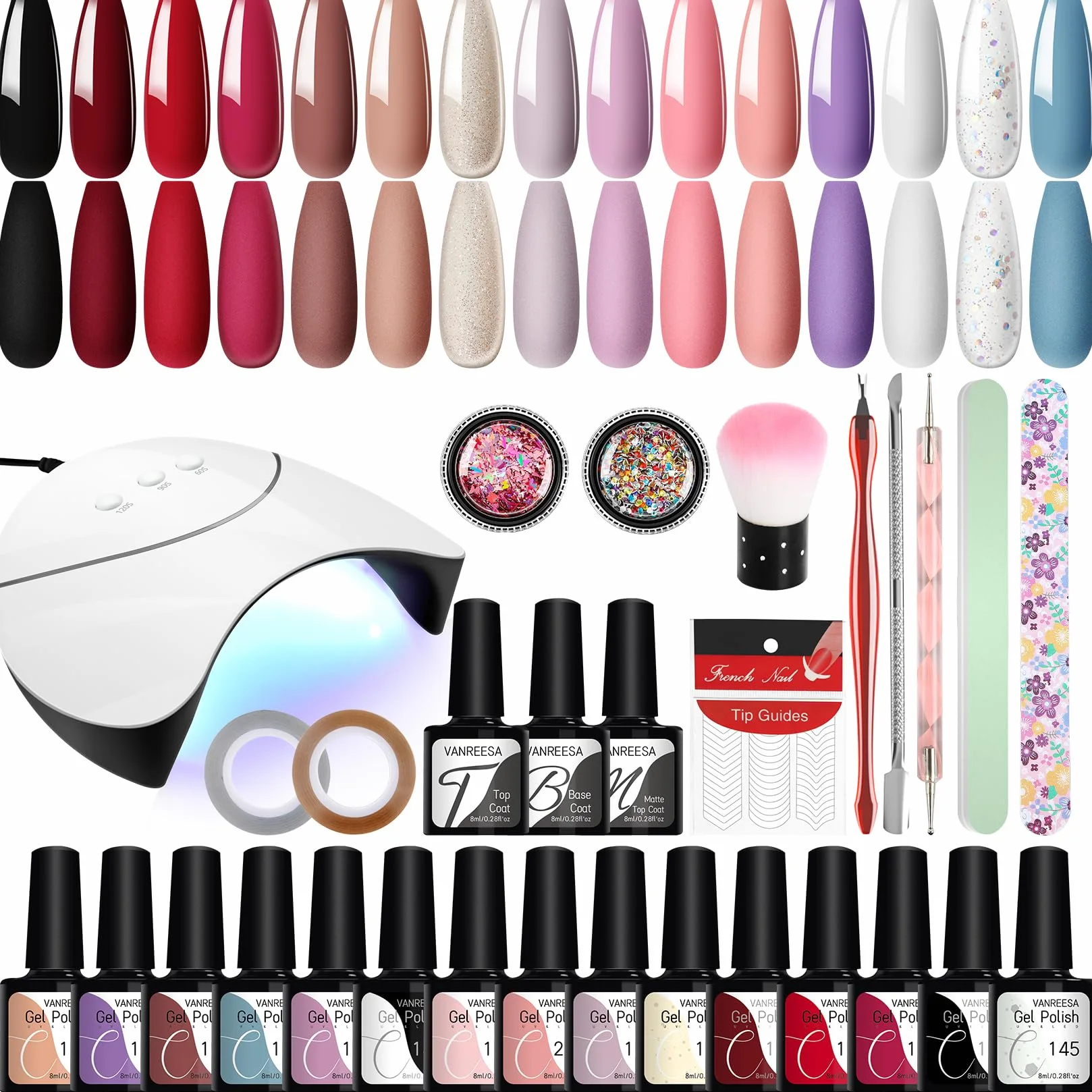 VANREESA 15 Colores Uñas Semipermanentes Kit Completo, Kit Uñas Semipermanentes con Lámpara UV 36W, Set Manicura con Base Top Mate Coat, Regalos para Principiante
