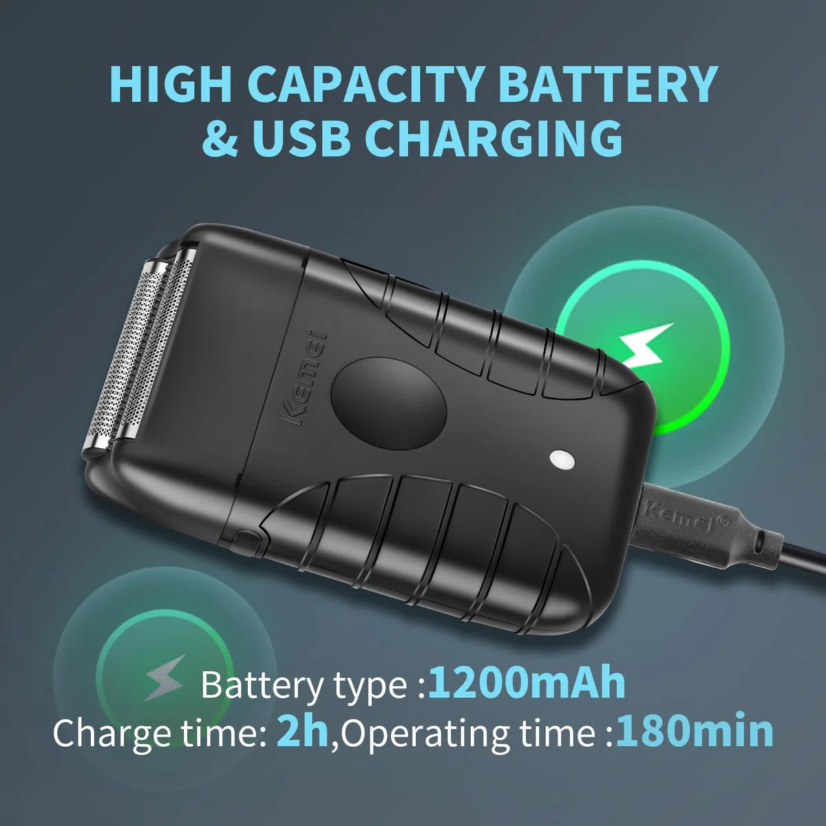 KEMEI Afeitadora de láminas para hombres, afeitadora eléctrica, afeitadora de peluquería de doble lámina, afeitadora de barba inalámbrica, recargable por USB hasta 180 minutos