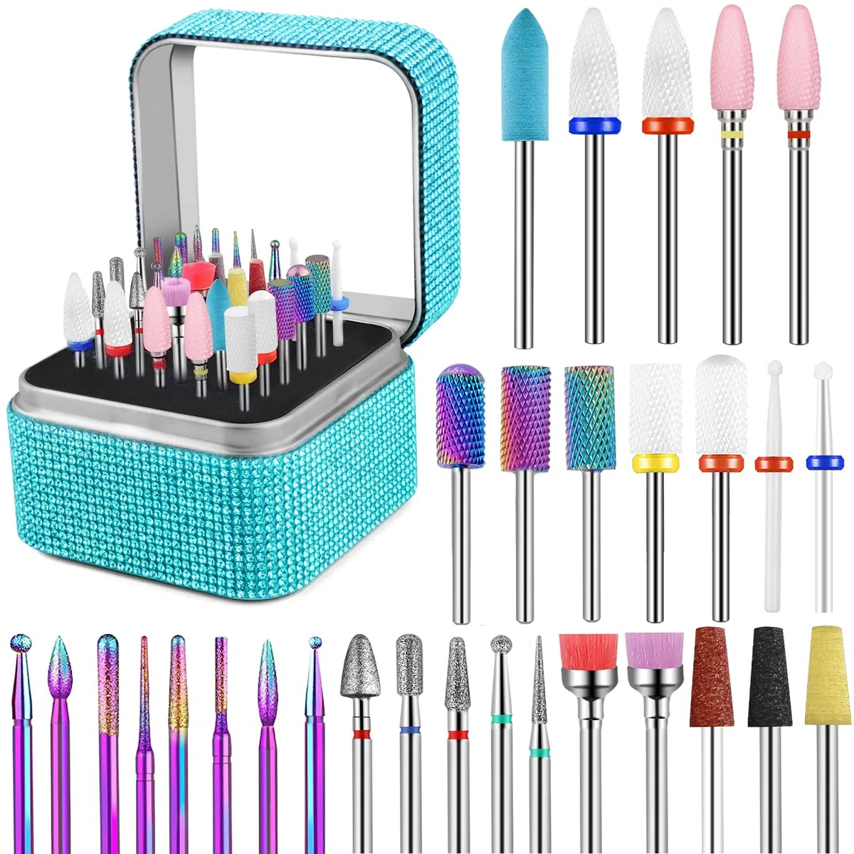 Juego de 30 brocas para taladro de uñas, de cerámica de tungsteno, puntas para fresa de uñas con soporte para taladro de uñas, profesional para manicura, pedicura, uñas acrílicas de gel