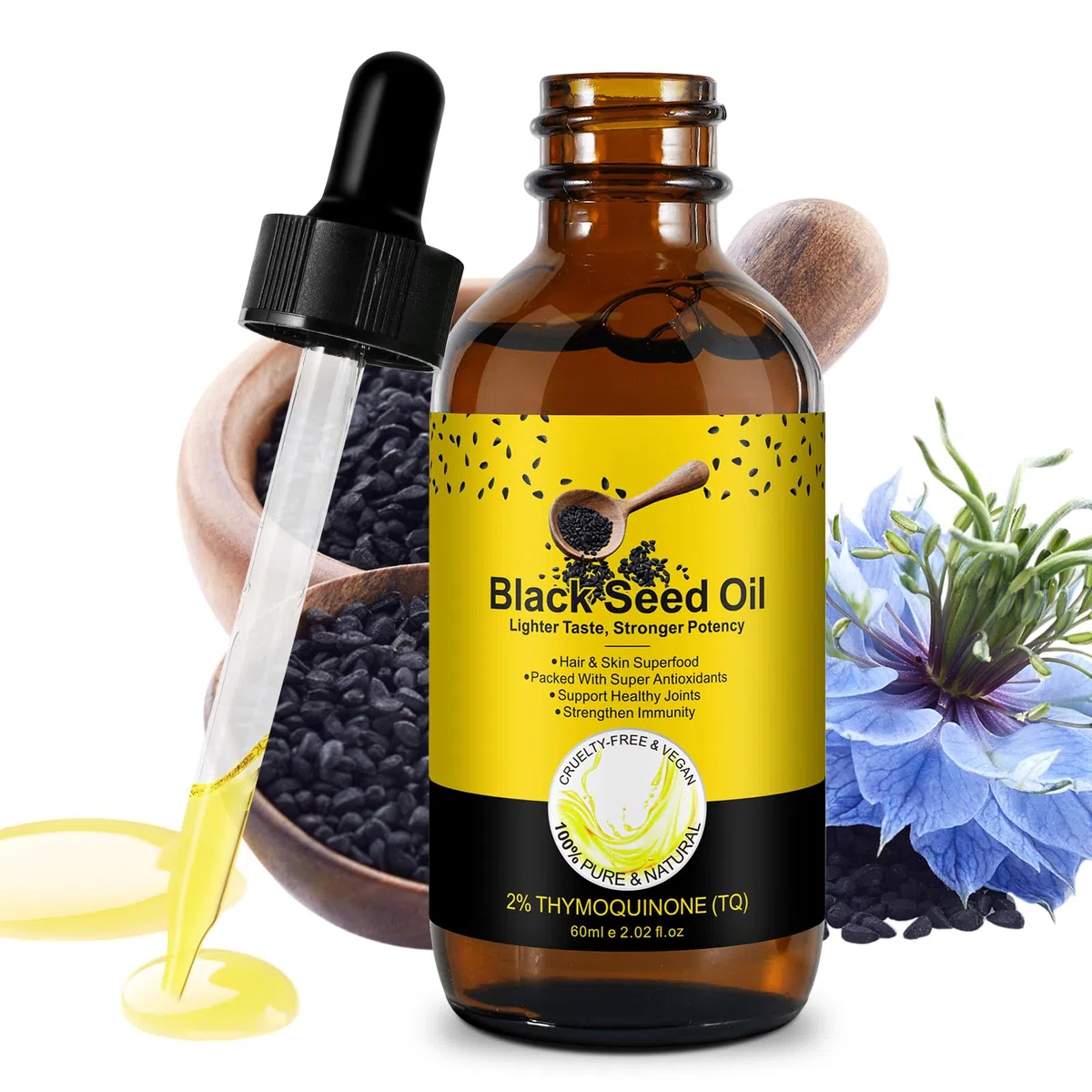 Aceite de semilla negra,100% puro,natural y premium prensado en frío,Lo mejor para el crecimiento del cabello,el cuidado de la piel y la protección de las articulaciones: aceite semilla negra orgánico