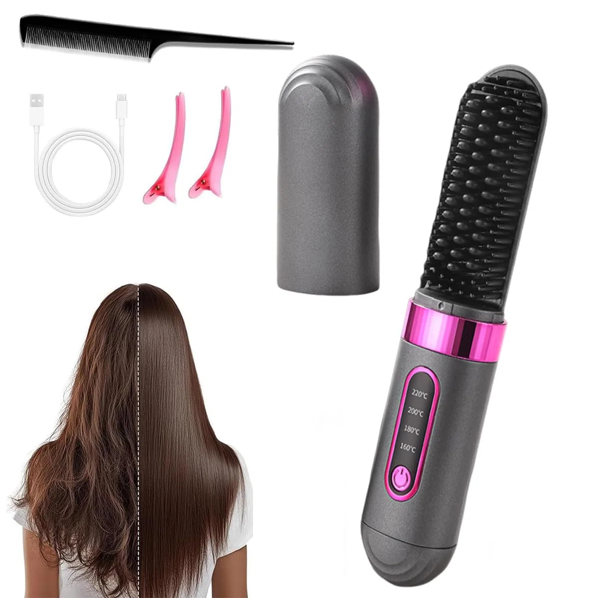 Cepillo Alisador De Pelo InaláMbrico, Calefacción CeráMica MCH Planchas De Pelo 4 Ajustes De Temperatura Con Cuidado Capilar Con Iones Negativos Velocidad De Alisado 2 Veces Más Rápida