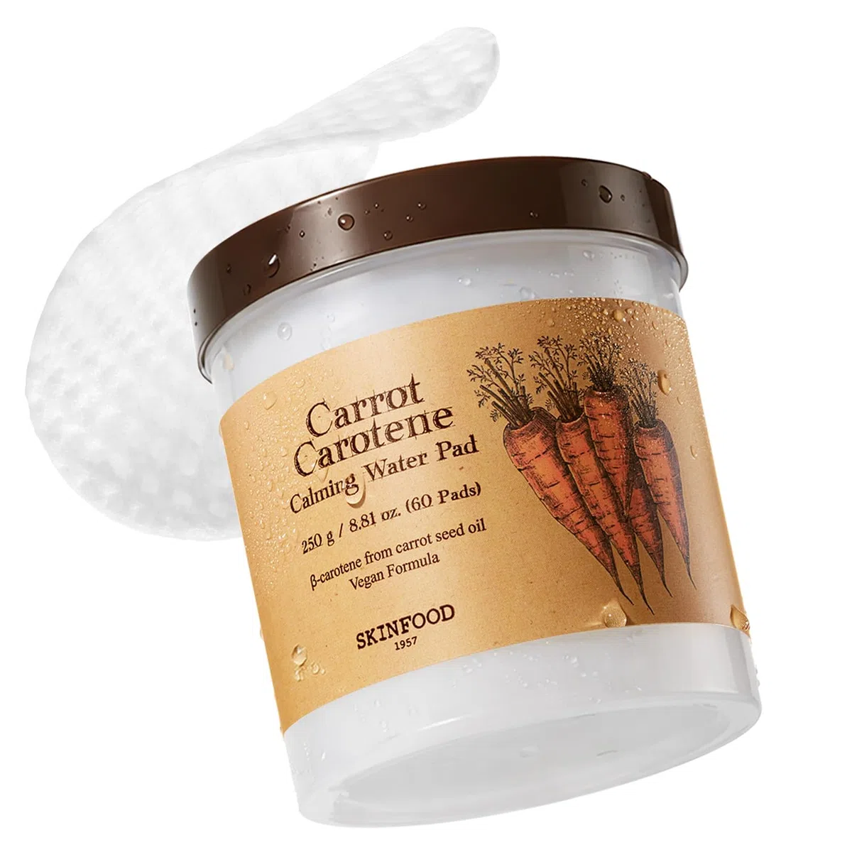 SKIN FOOD since 1957 Almohadilla de agua calmante de zanahoria caroteno 250 g (8.81 oz.) 60 hojas - Alivio del enrojecimiento Almohadillas de algodón faciales calmantes para pieles sensibles