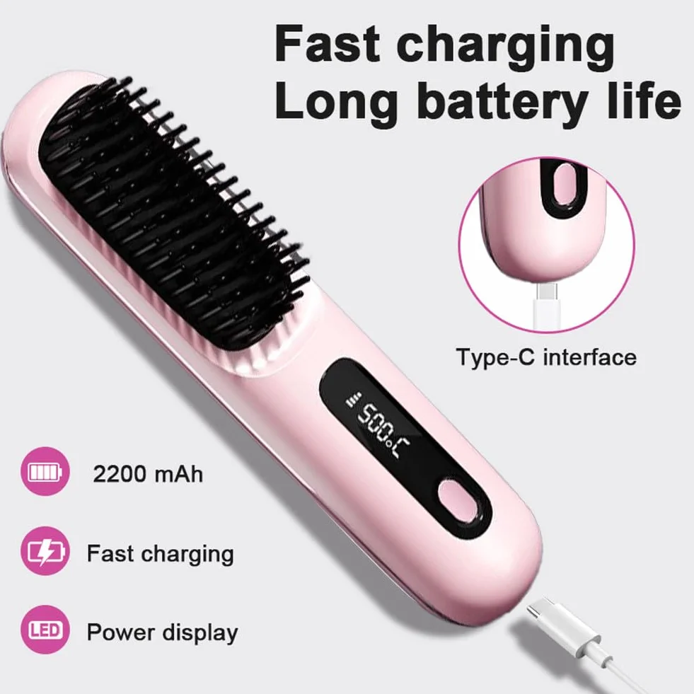 Cepillo eléctrico para el cabello, cepillo alisador inalámbrico, recargable, cepillo calefactor inalámbrico para mujeres y hombres, con pantalla LED, 3 niveles de temperatura, para alisar y rizar