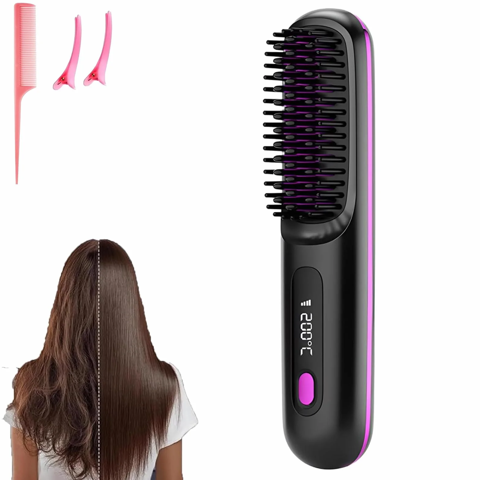 Go Brush Pro - Mini cepillo alisador de pelo inalámbrico portátil para mujer, con pantalla LCD de temperatura, 2000 mAh, calentamiento rápido y plancha de cerámica inalámbrica (BK)