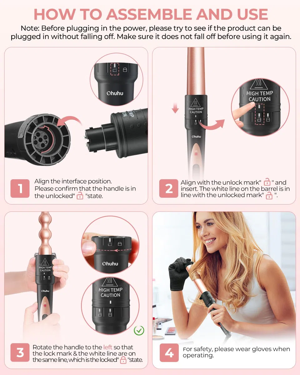Rizador Pelo 5 en 1, Ohuhu Tenacillas De Pelo Profesional con Barril Cerámico Intercambiable y Guante Protector Para Todo Tipo de Cabello, Calentamiento Instantáneo y Temperatura Ajustable