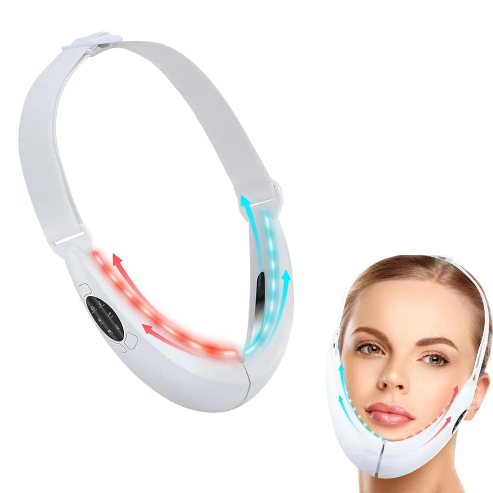 Reductor de Papada Masajeador Facial Electrico,Fototerapia Roja y Azul EMS Masajeador Facial Compresas calientes,45℃ Antiarrugas Belleza Dispositivo Reductor De Papada Lifting para Líneas del Cuello