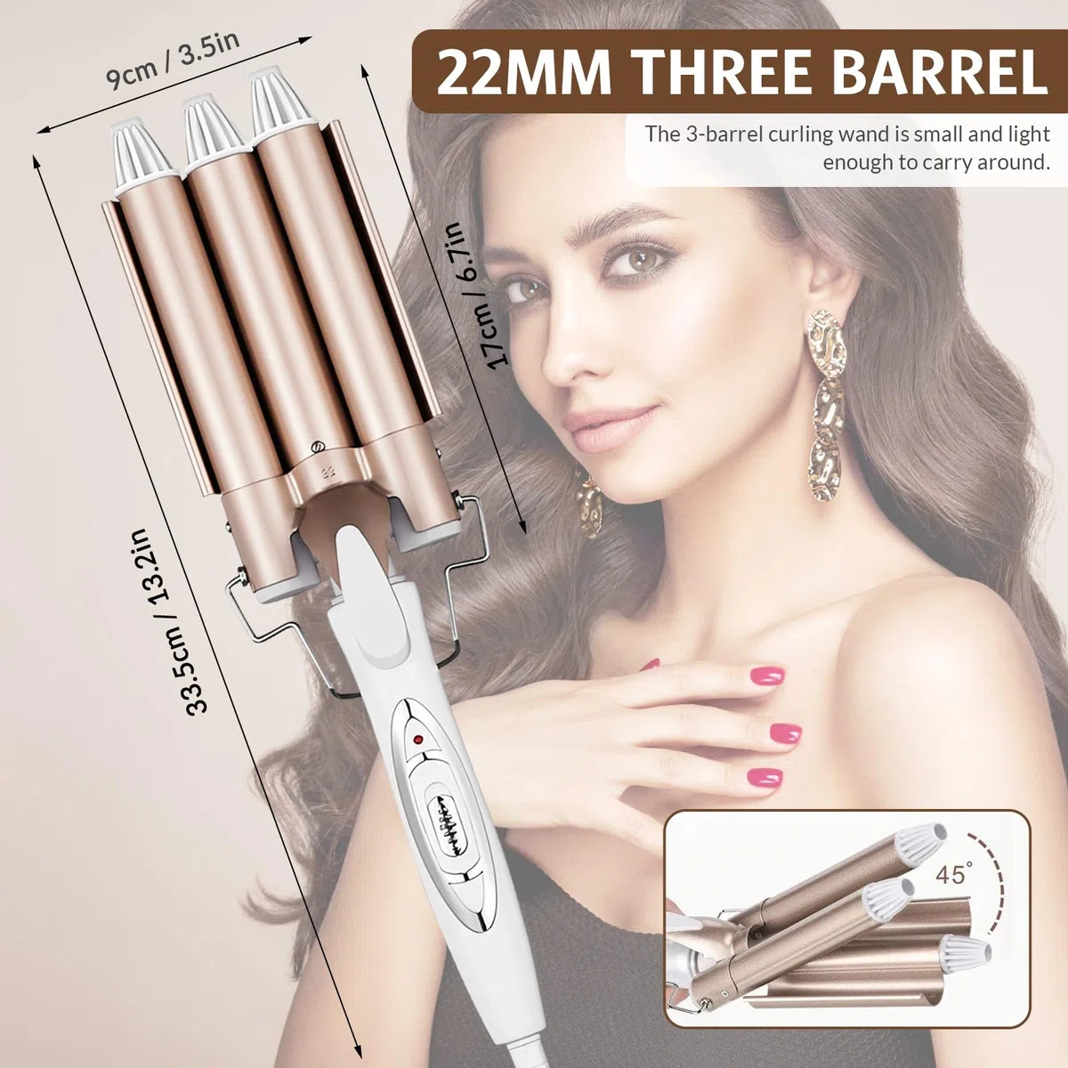 Rizador de Pelo 22mm, Pinzas Rizadoras 3 Tubos Cerámica, Plancha Rizadora para Ondas, Rizador Pelo, Ondulador de Pelo, Temperatura Ajustable, para Rizar y Ondas un Efecto Ondulado