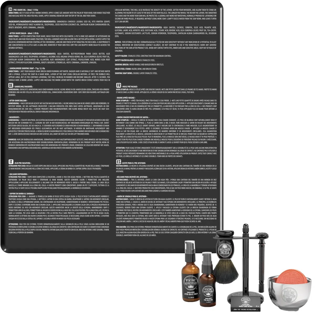 Viking Revolution - Kit de Afeitado de Lujo - Regalo Hombre - Incluye Maquinilla, Soporte, Tazón, Bálsamo, Aceite Pre-Afeitado y Brocha de Tejón - Perfecto Set de Afeitado