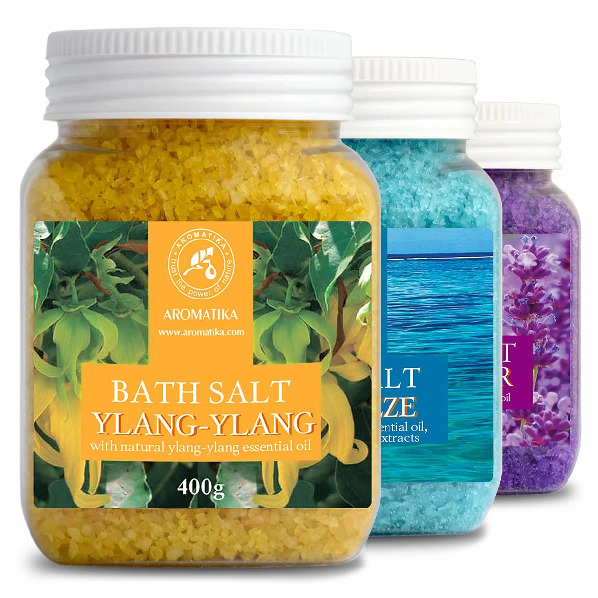 Set Sales de Baño 3x400g con Aceite 100% Natural Lavender - Ylang-Ylang - Sea Breeze - Mejor para Buen Sueño - Alivio del Estrés - Baño - Cuidado Corporal - Bienestar - Belleza - Relajación - Spa
