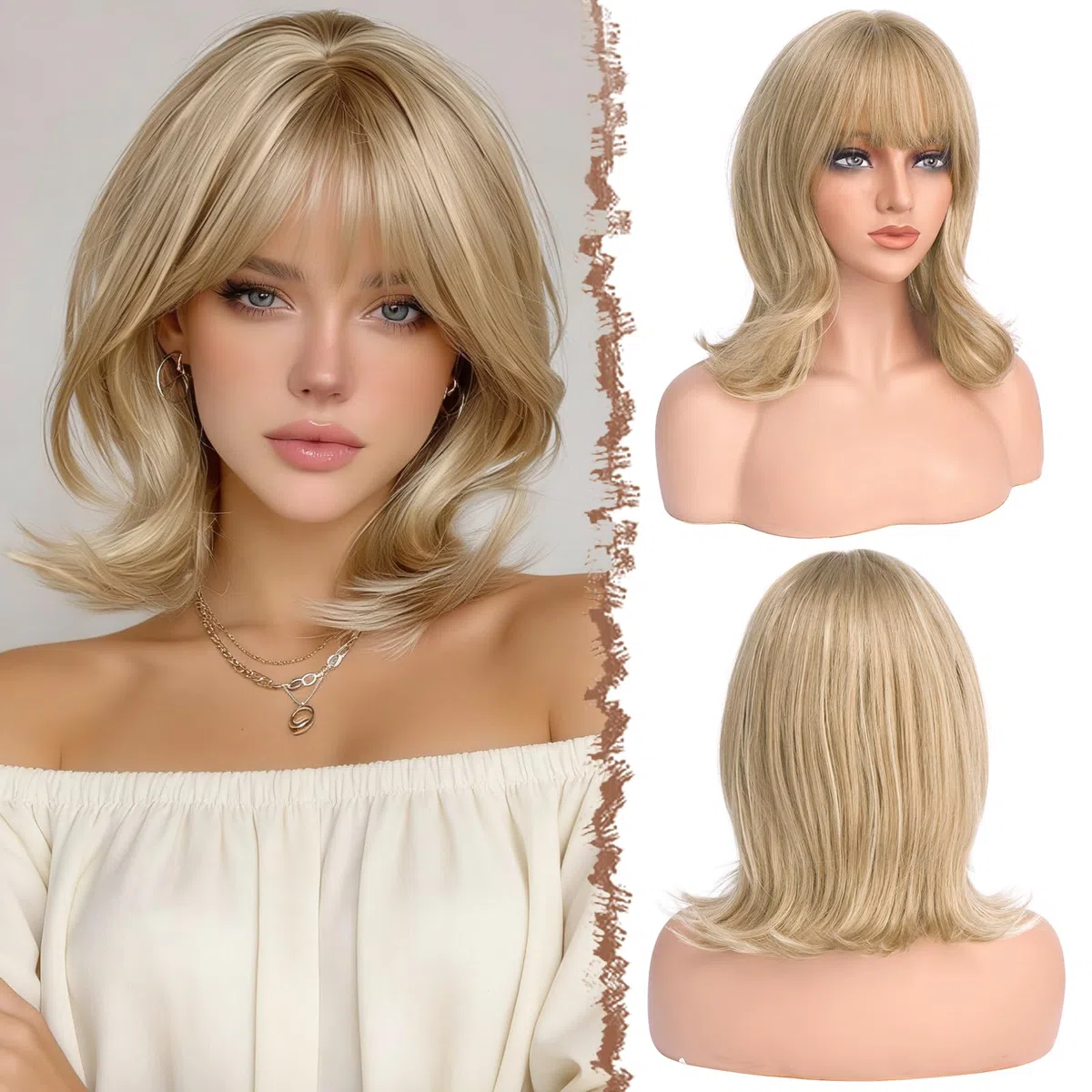 FESHFEN Pelucas Ondulada Bob con Flequillo - Rubio Sucio Pelucas a Capas para Mujeres Naturales Sintético Peluca para Diaria Fiesta Carnaval, 35 cm