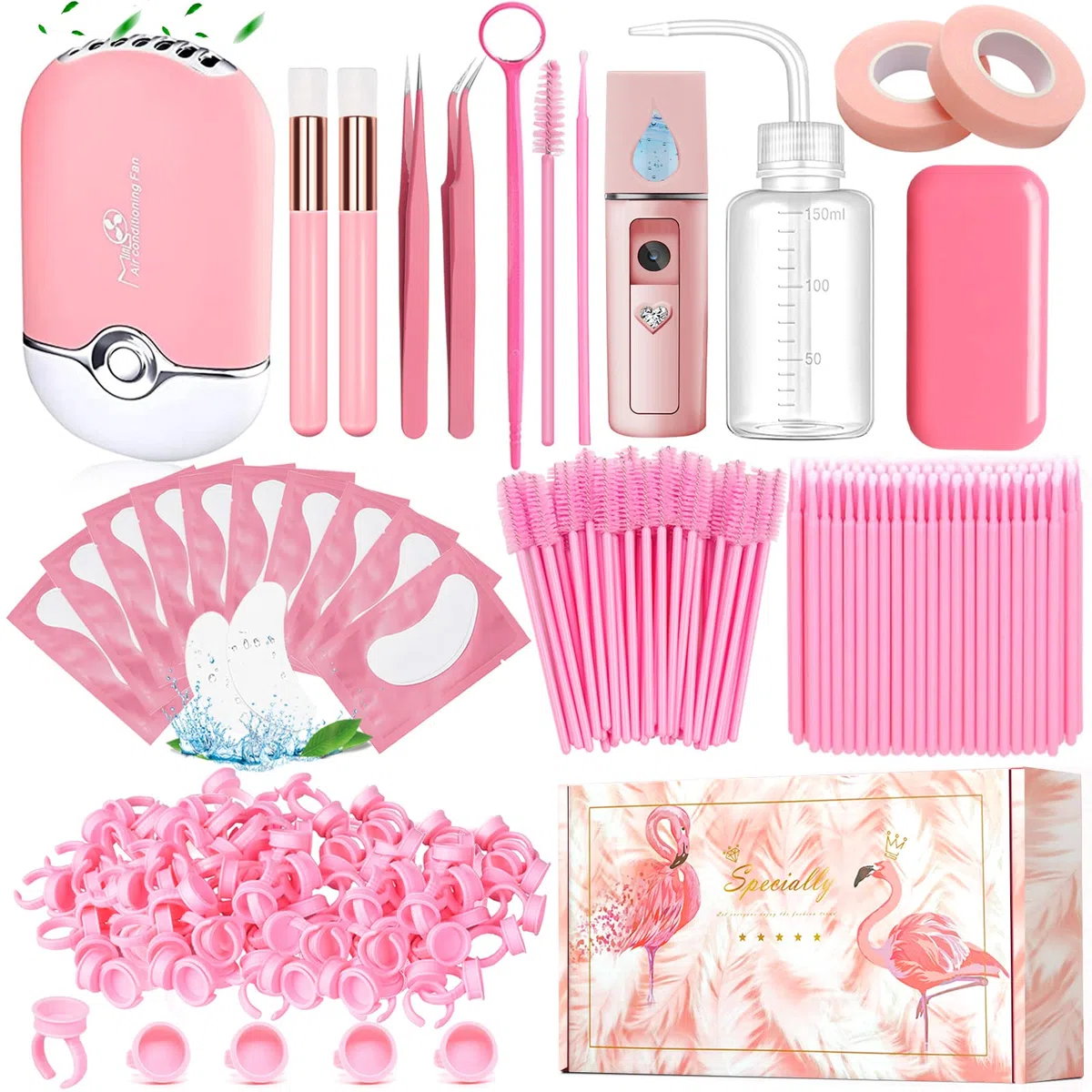 Kit Extensión Pestañas Accesorios Lash Postiza Secador de Pestañas USB Nano Pulverizador Pinza Rímel Cepillo Parche Ojos Cinta Espejo Eyelash Cepillo de Champú Pegamento Anillo Botella de Lavado