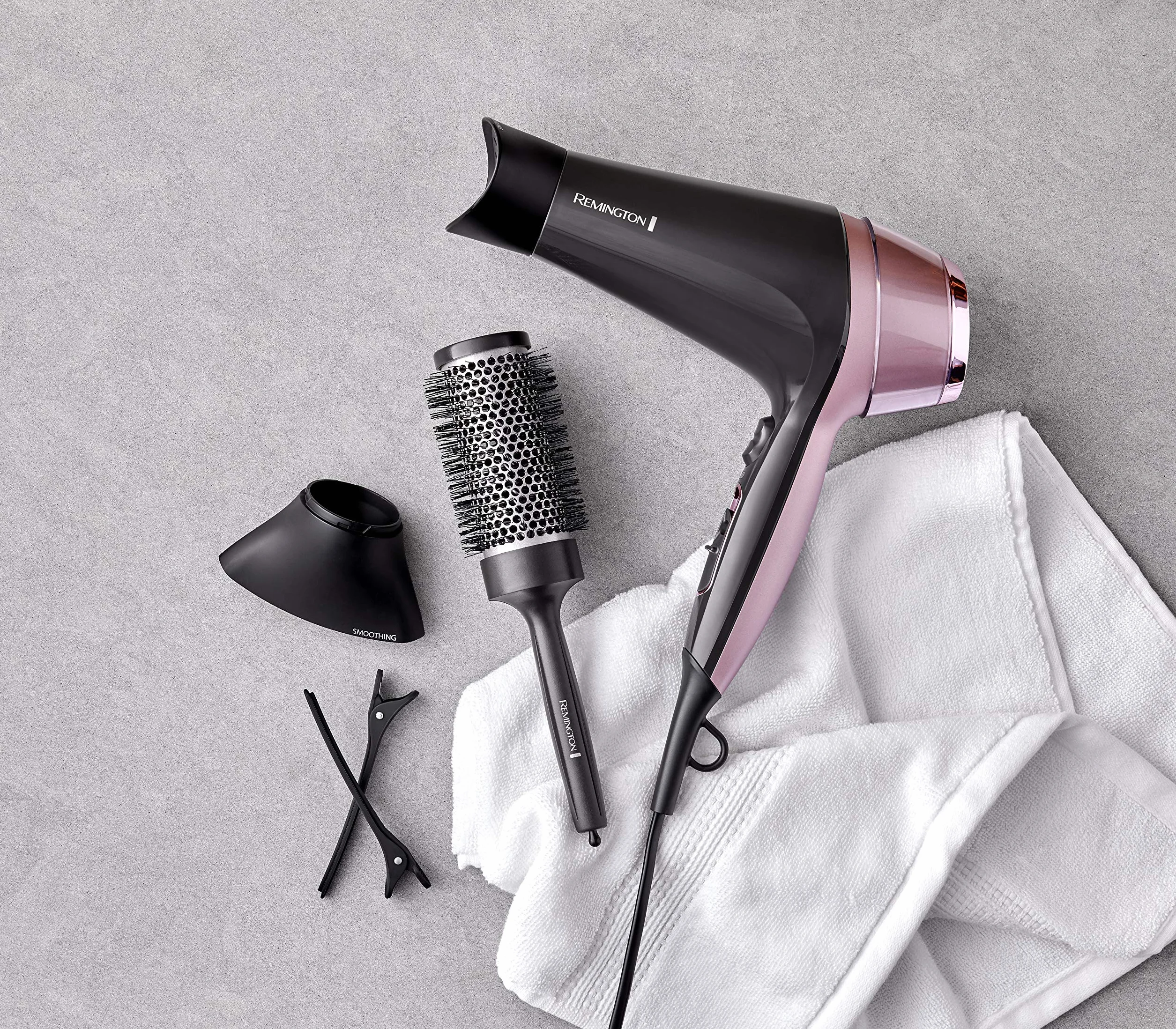 Remington Secador de Pelo Curl & Straight Confidence, 2 en 1 Alisa y Riza, Iónico, 2200 W, 2 Concentradores, 1 Difusor y Cepillo de Barril, 3 Temperaturas, 2 Velocidades, Color Negro Y Rosa, D5707