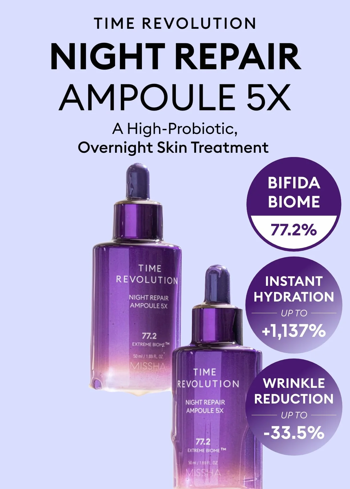 MISSHA Time Revolution Night Repair Face Serum Ampoule (5.ª generación) — Cuidado facial probiótico nocturno para revitalización y luminosidad, 1.69 fl oz