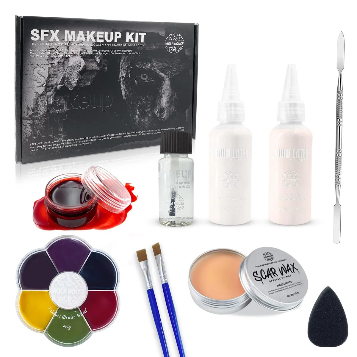 VIOLA HOUSE Maquillaje Halloween Profesional, SFX Maquillaje, Artificial Maquillaje, Halloween Makeup, Moretón Herida Cara Cuerpo Pintura+Cera Cicatriz+Látex Líquido+Sangre Falsa.