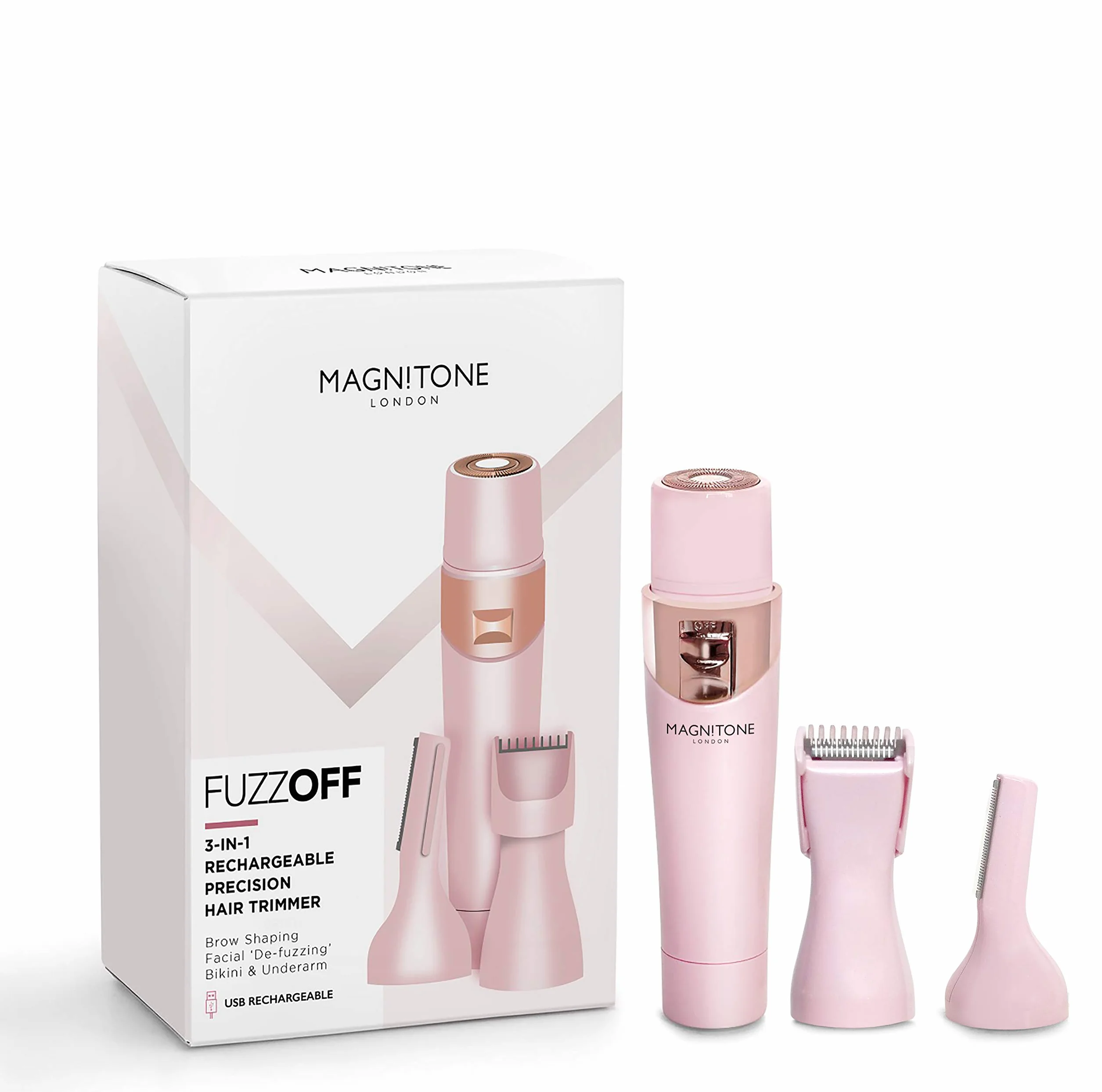 Magnitone FuzzOff Precision Depiladora para Mujer Recargable 3 en 1 para Rostro, Contorno Facial, Labio Superior, Cejas, Cuerpo, Axilas y la Zona del Bikini - Rosa